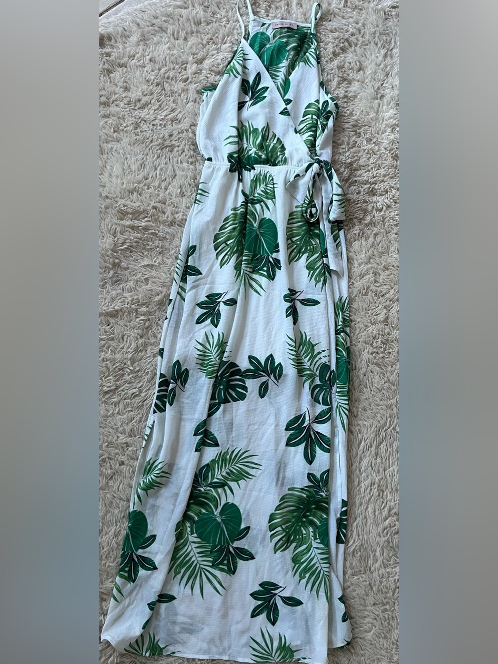 White Maxi Dress with Green Tropical Leaf Print and Tie Waist